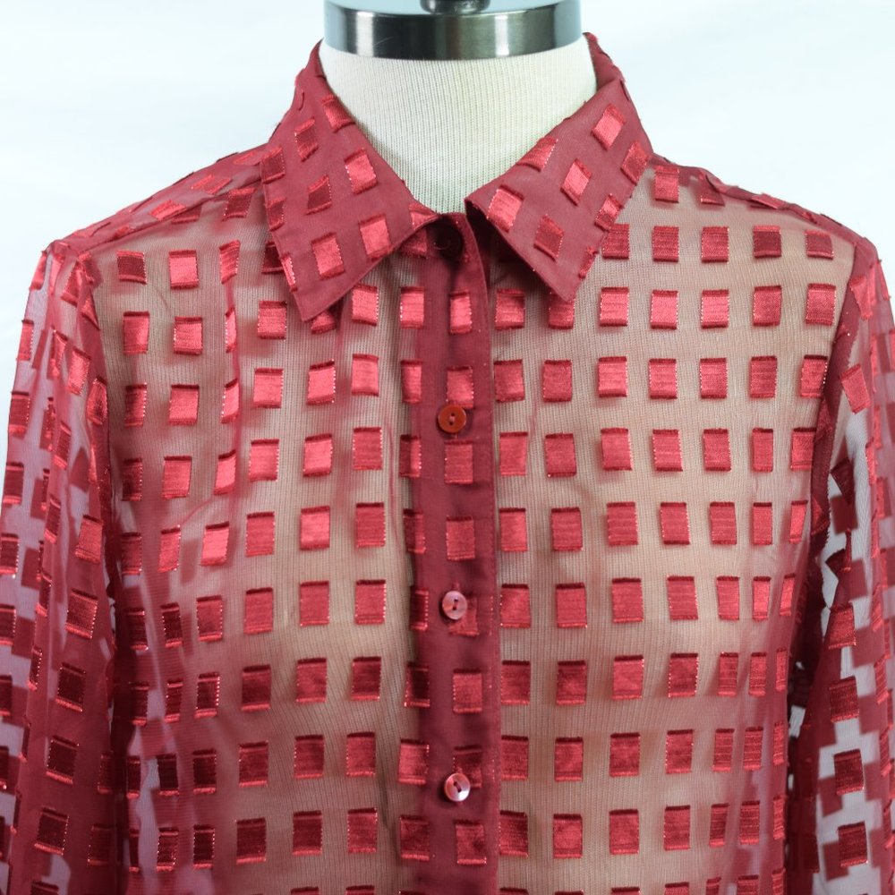 Vintage Basic Editions Red Chiffon Long Sleeve Sh… - image 2